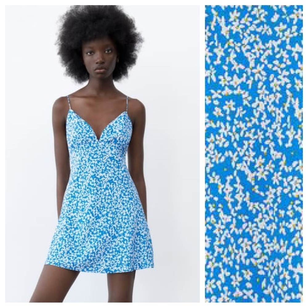 🌹NWT. Zara Blue/White Floral Print V-neck Mini Dress. Size L.